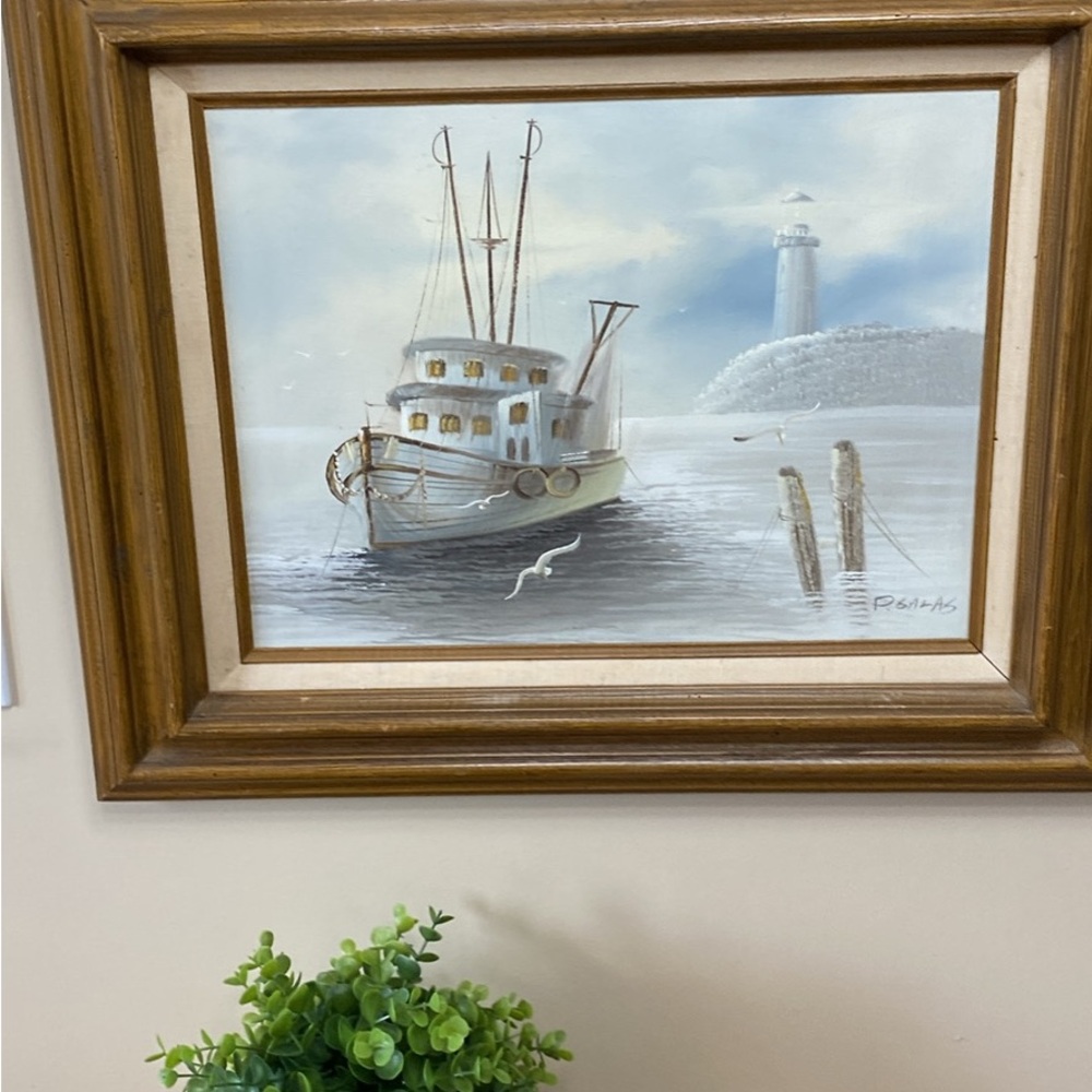 Framed Handpainted Nautical Painting with Lighthouse